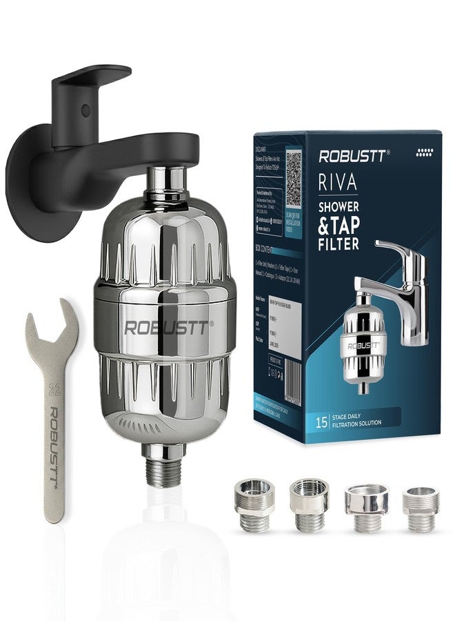 روبوست فلتر ريفا القوي ذو 15 مرحلة للدش/الحنفية ومنقي المياه للمنزل (فضي) | يقلل من تساقط الشعر وجفاف الجلد وتراكم الترسبات الكلسية | فلتر للمياه العسرة للحنفية والدش والدش اليدوي | يتضمن طقمًا ودليل استخدام - Image 1